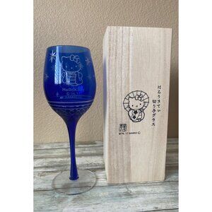 Sanrio Hello Kitty Kiriko Blue Wine Glass w/Wooden Box Purchased in Japan 2018